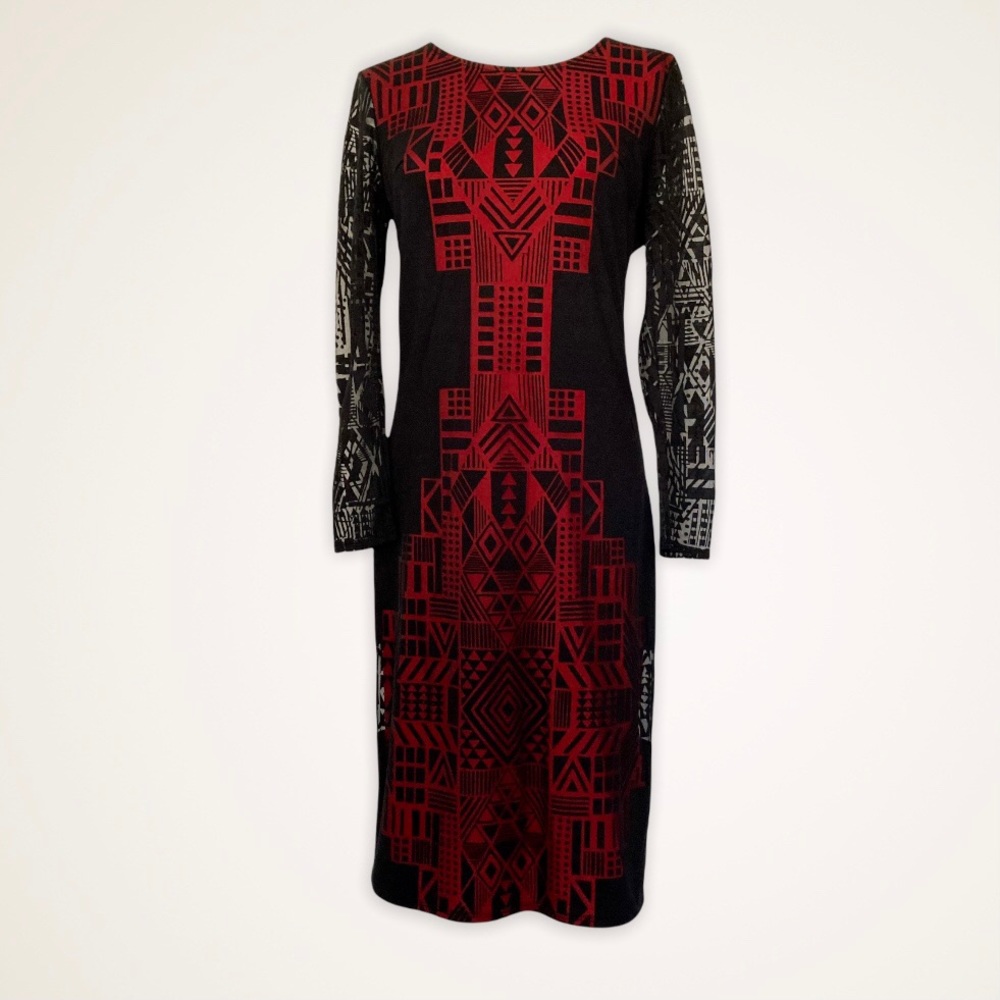 Nicole Miller Art Deco Design Sheath Dress Sheer Sleeves Red Black Women’s Small